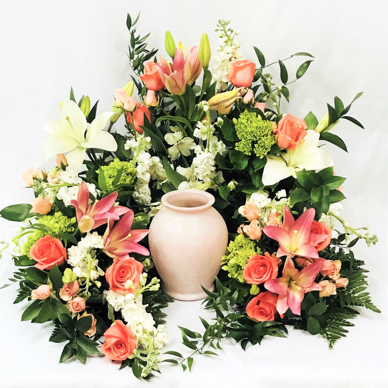 Flower Delivery Florist Funeral Sympathy Naples Coral Embrace Half Urn Wreath